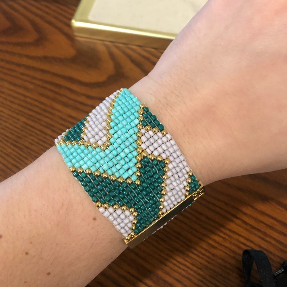 Tory Burch “T” Beaded Bracelet in Turquoise + Gold